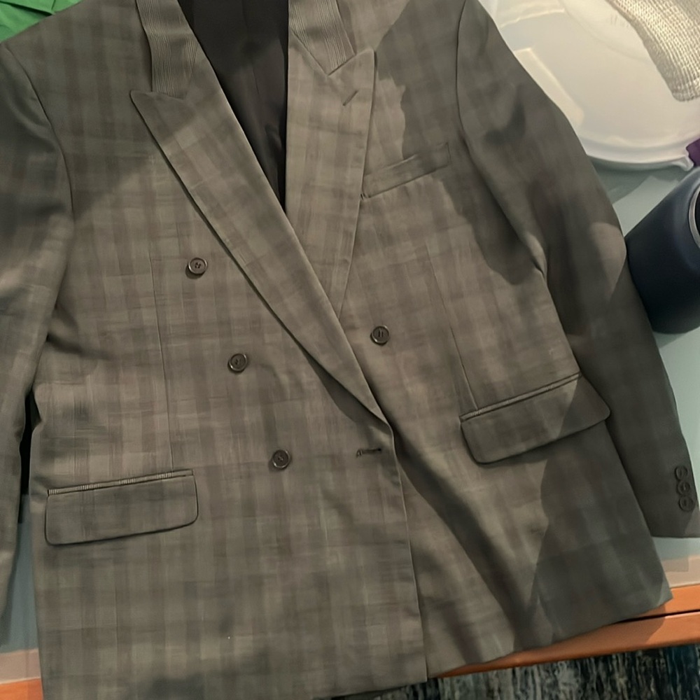 Italian cut double breasted suit- made in USA. Gray-ish green.